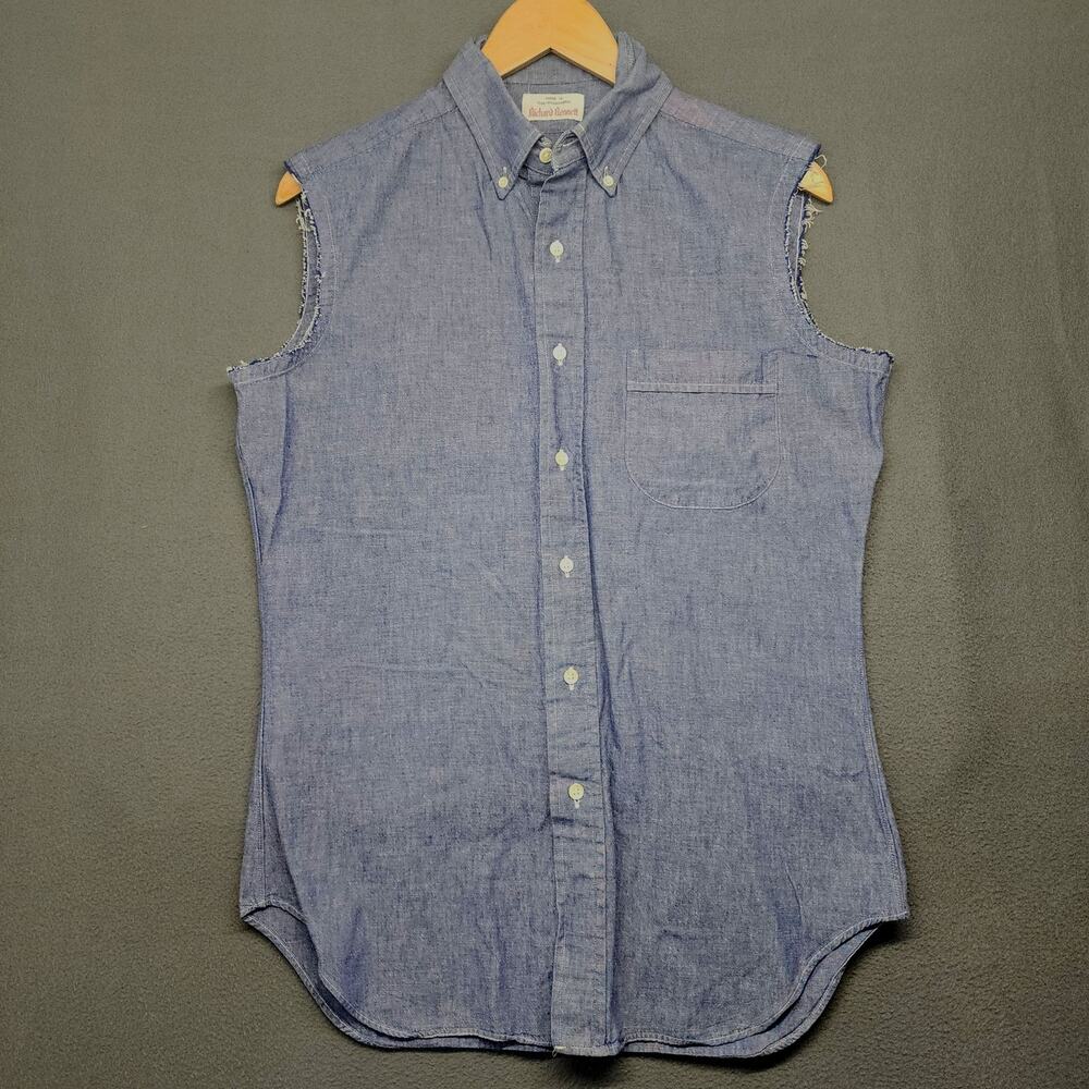 Vintage Richard Bennett Mens Shirt Medium Blue Sleeveless Button Up Vest
